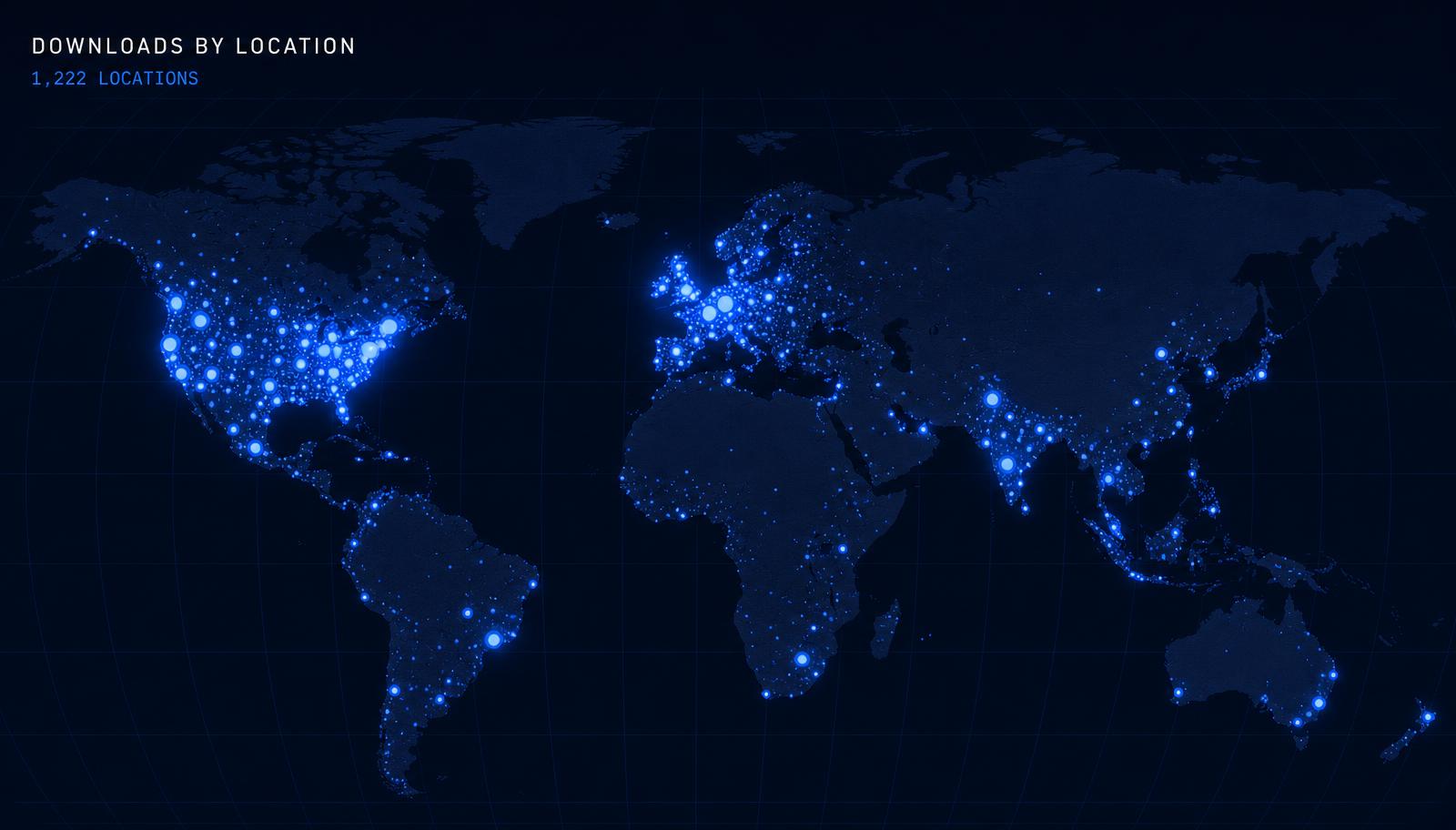 World map of This Legal Life listener locations, with 1,222 download locations highlighted